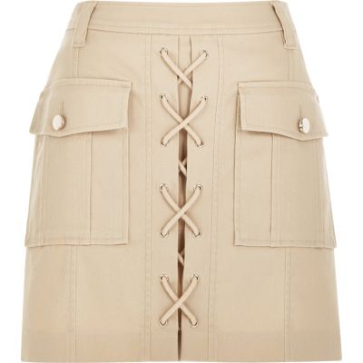 Beige lace-up utility mini skirt